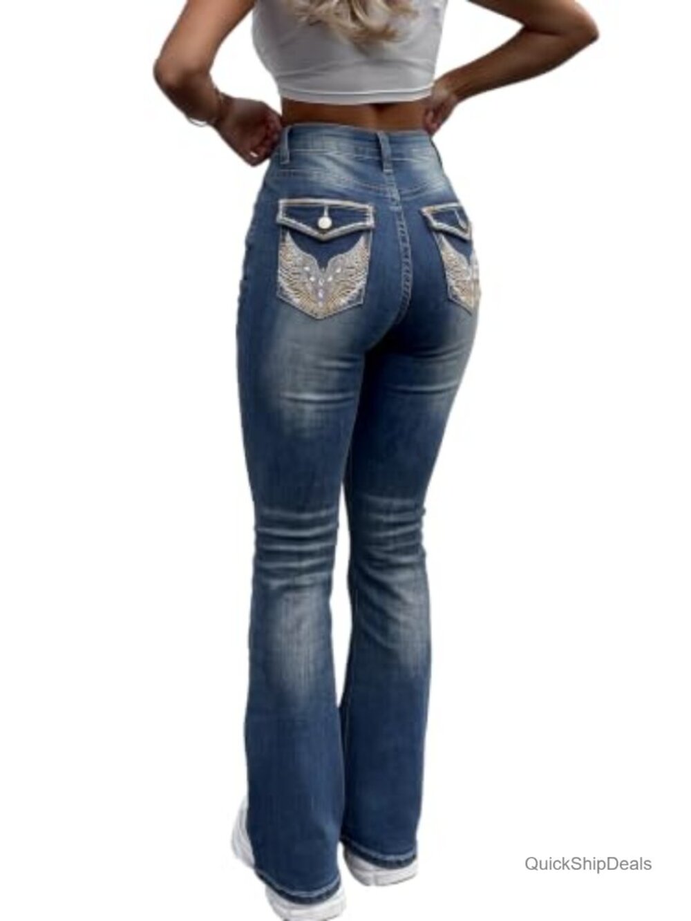 Embroidered Flare Jeans with Flap Back Pockets